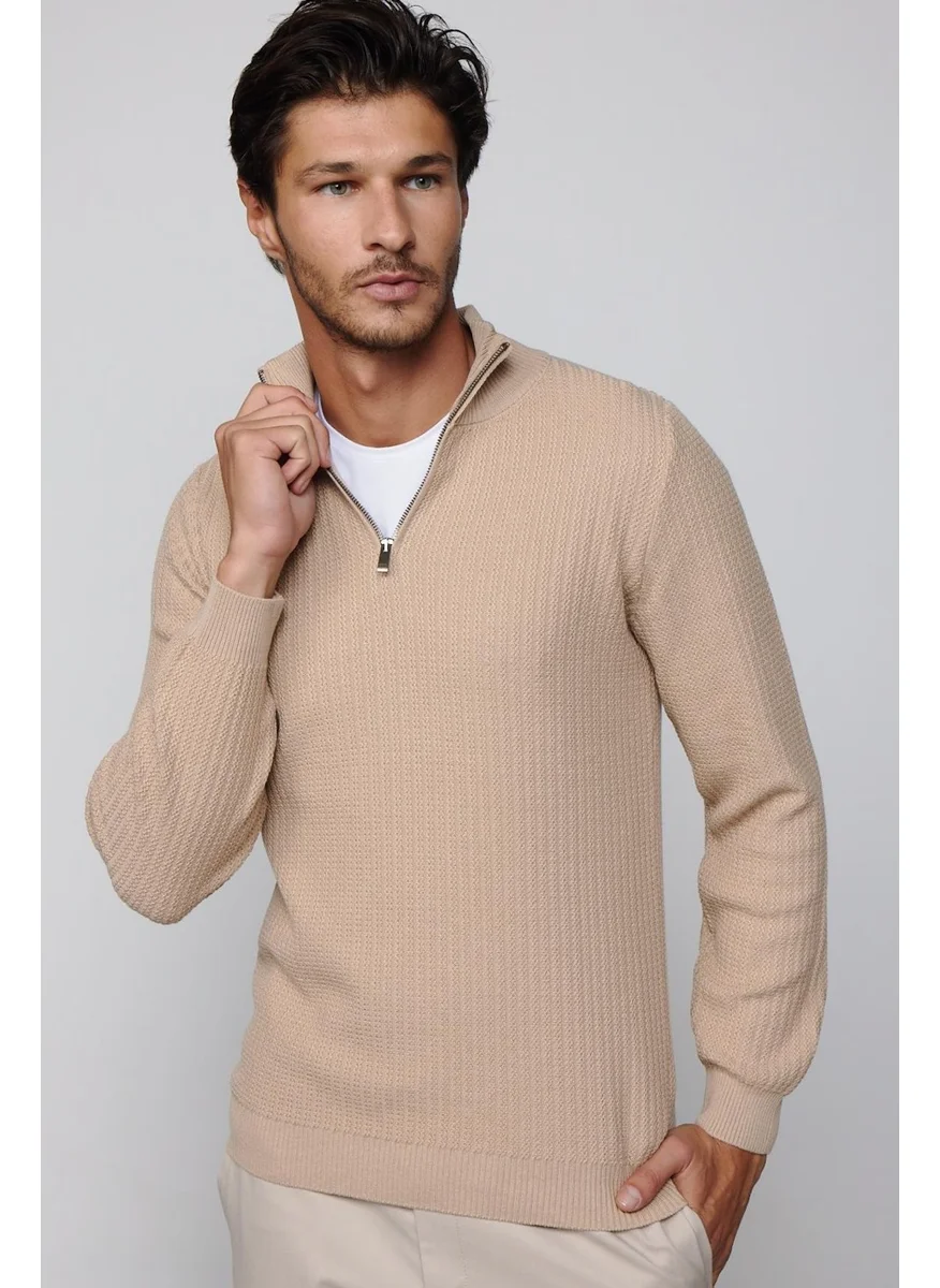 Tudors Slim Fit Slim Fit Stand Collar Zippered Patterned Beige Men's Knitwear Sweater