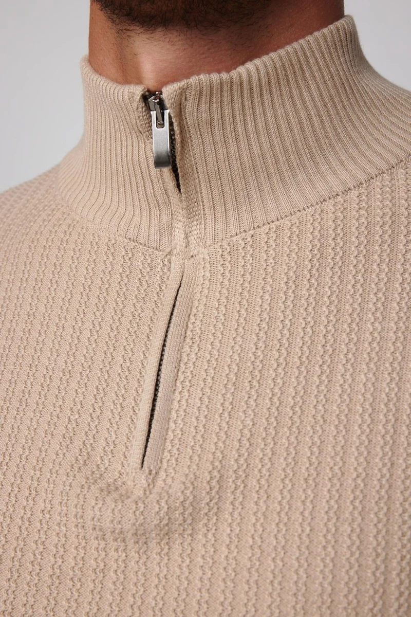 تودورس Slim Fit Slim Fit Stand Collar Zippered Patterned Beige Men's Knitwear Sweater