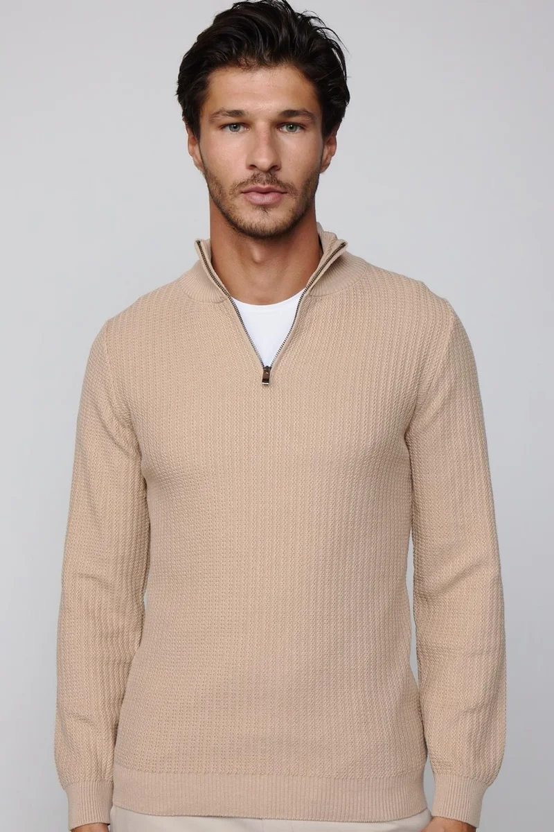 تودورس Slim Fit Slim Fit Stand Collar Zippered Patterned Beige Men's Knitwear Sweater