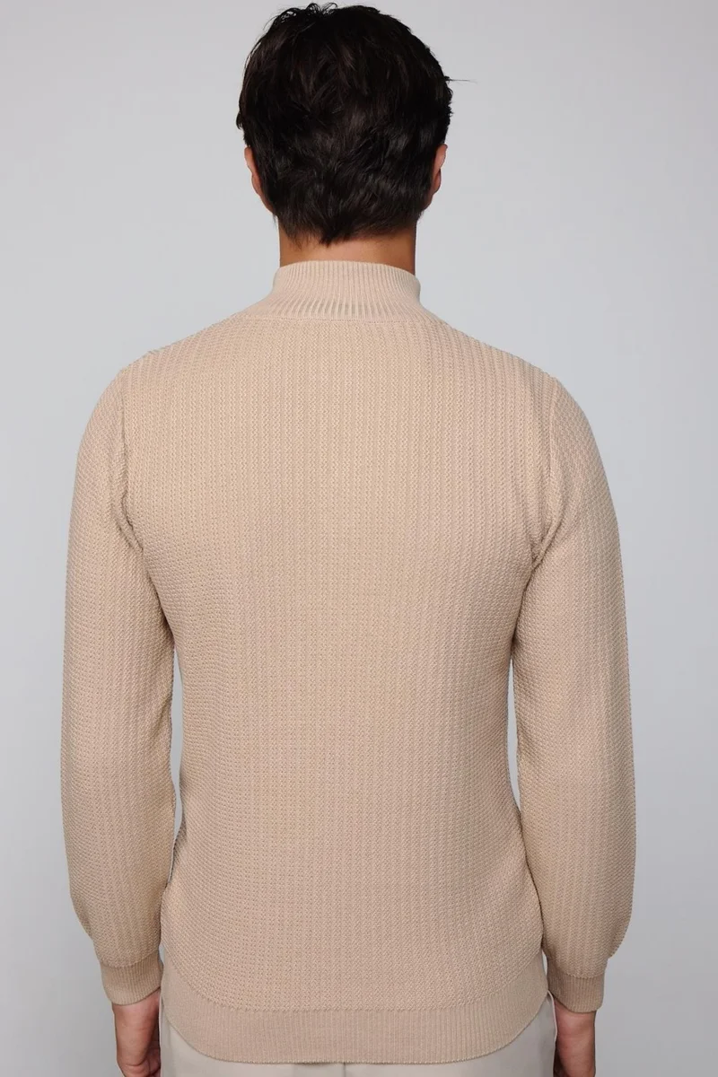 تودورس Slim Fit Slim Fit Stand Collar Zippered Patterned Beige Men's Knitwear Sweater