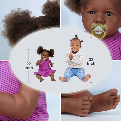ADFO Reborn Black Baby Dolls 22 Inches Soft Body Realistic Baby Dolls Girl Caramel Skin Tone Real Life Baby Doll with Feeding Kit Toy Accessories Gift for Kids Age 3 - Image 5
