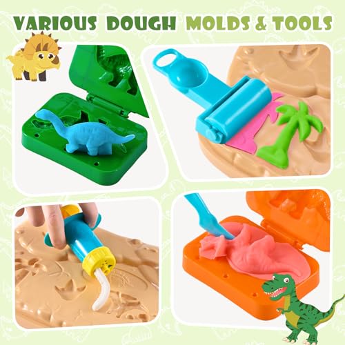 Crelloci Dinosaur Color Dough Set Tools Dino World 26 PCS Playsets Toy Clay Accessaries Dough and Moulds in a Portable Case with Wheels for Kids Toddlers Children - Image 5