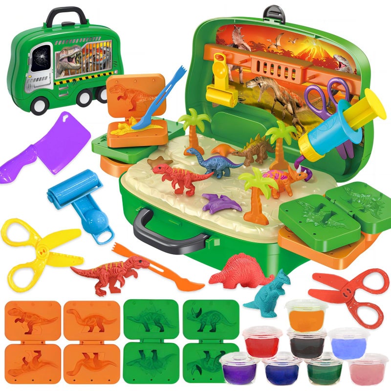 Crelloci Dinosaur Color Dough Set Tools Dino World 26 PCS Playsets Toy Clay Accessaries Dough and Moulds in a Portable Case with Wheels for Kids Toddlers Children - Image 3