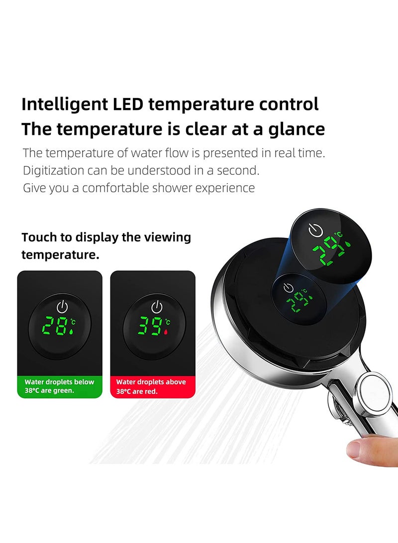 High Pressure Handheld Shower Head with LED intelligent temperature control, Universal supercharged shower, independent on-off switch, 1.5m Silver Shower Tube and Holder - Image 2