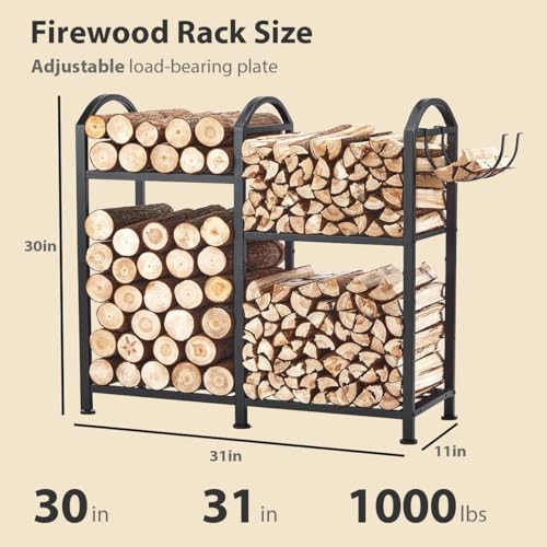 ZEXVIDA Firewood Rack Indoor With Hooks, 31inch Firewood Rack, 2-Tier log holders for firewood outdoor, Fireplace Wood holder Indoor, Adjustable Small Fire Wood Storage - Image 2