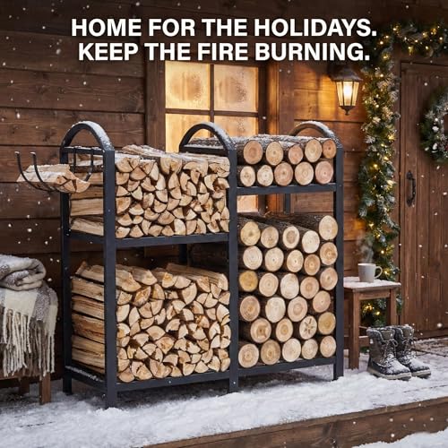 ZEXVIDA Firewood Rack Indoor With Hooks, 31inch Firewood Rack, 2-Tier log holders for firewood outdoor, Fireplace Wood holder Indoor, Adjustable Small Fire Wood Storage - Image 5