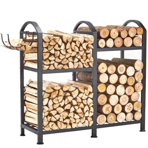 ZEXVIDA Firewood Rack Indoor With Hooks, 31inch Firewood Rack, 2-Tier log holders for firewood outdoor, Fireplace Wood holder Indoor, Adjustable Small Fire Wood Storage - Image 1