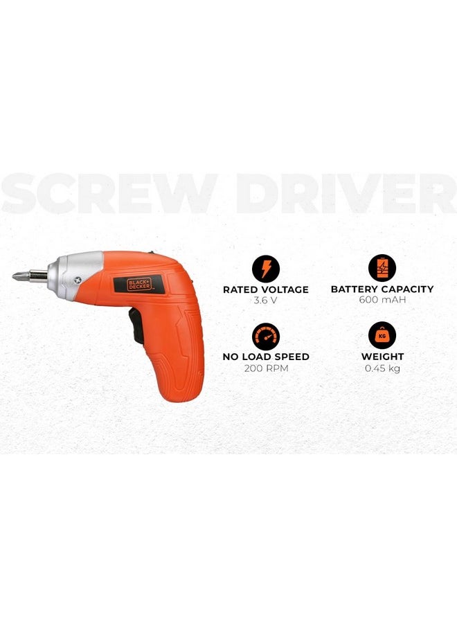 BLACK+DECKER - BLACK+DECKER KC3610 3.6V 200RPM Cordless Screwdriver Set Ni-Cd (Nickel-Cadmium) with LED Worklight, 10-pieces Screw Bits Set & Adjustable Torque for Home & DIY Use, 1 Year Warranty, ORANGE & BLACK - Image 1