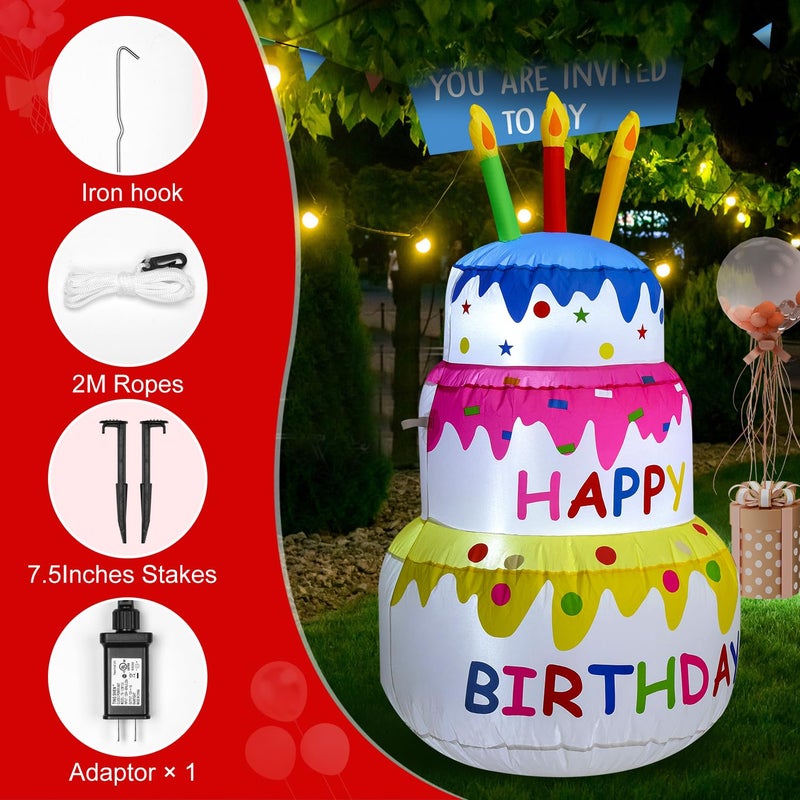 InfleasJoiy 4FT Happy Birthday Inflatable Cake with Candles, Built-in LED Lights, Suitable for Indoor Outdoor Yard Lawn Decoration - Image 5