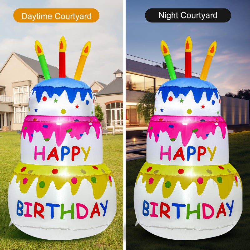 InfleasJoiy 4FT Happy Birthday Inflatable Cake with Candles, Built-in LED Lights, Suitable for Indoor Outdoor Yard Lawn Decoration - Image 3