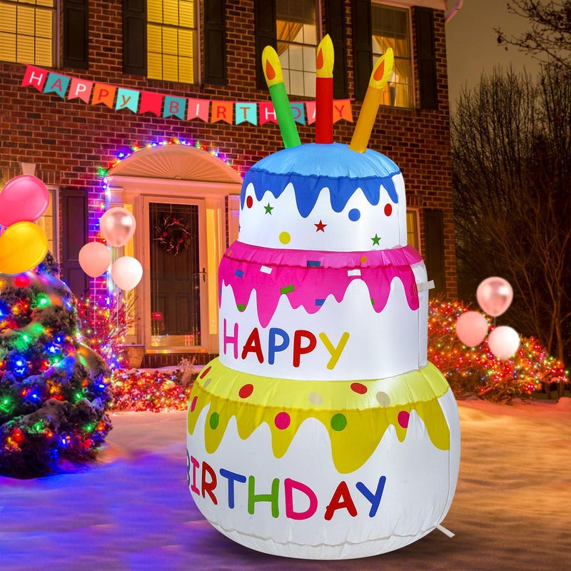 InfleasJoiy 4FT Happy Birthday Inflatable Cake with Candles, Built-in LED Lights, Suitable for Indoor Outdoor Yard Lawn Decoration - Image 2