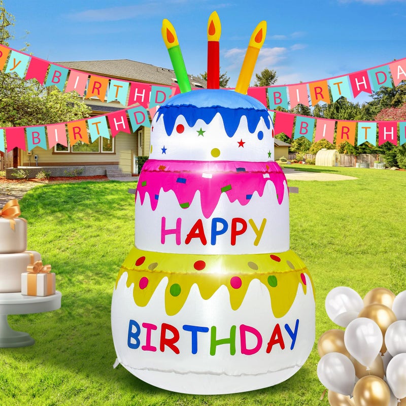 InfleasJoiy 4FT Happy Birthday Inflatable Cake with Candles, Built-in LED Lights, Suitable for Indoor Outdoor Yard Lawn Decoration - Image 1