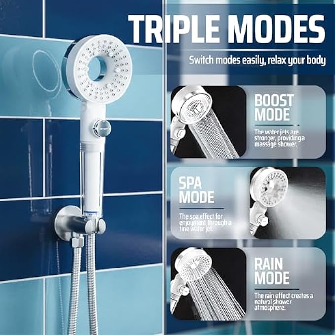 High Pressure Shower Head with Filter  Removes Chlorine  Hard Water  Handheld Shower for Softer Hair  Skin  3 Spray Modes Water Saving Easy Install - Image 4