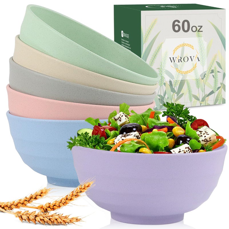 Wheat Straw Bowls Set 60 OZ Unbreakable Large Cereal Bowls Set of 6 Microwave and Dishwasher Safe Bowls Big Bowls for Dorm and Apartment BPA Free Soup Bowl for Serving Oatmeal and Salad Etc
