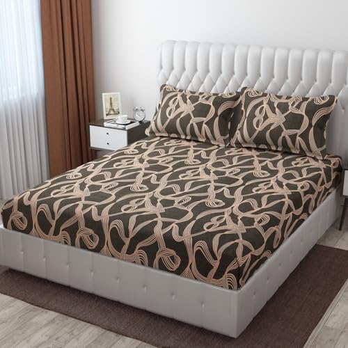 CB HOME Glace Cotton Fitted King Size Bedsheet for Double Bed with 2 Pillow Covers 72x78x8'' All Round Elastic (Print 6, Modern & Geometric King) - Image 1