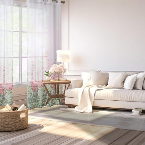 TOAVA DECO Sheer Curtains Pink Floral With Tie Backs Grommet Easy to Hang for Girls Bedroom Window Light Filtering Semi Drapes 84 Inch Length 2 Panels Set Flower Leaf Curtain Dining Living Room Nursey 52w x 84l - Image 4