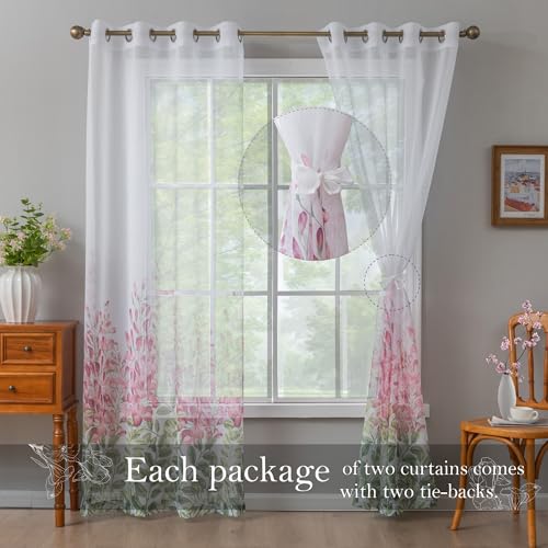 TOAVA DECO Sheer Curtains Pink Floral With Tie Backs Grommet Easy to Hang for Girls Bedroom Window Light Filtering Semi Drapes 84 Inch Length 2 Panels Set Flower Leaf Curtain Dining Living Room Nursey 52w x 84l - Image 5