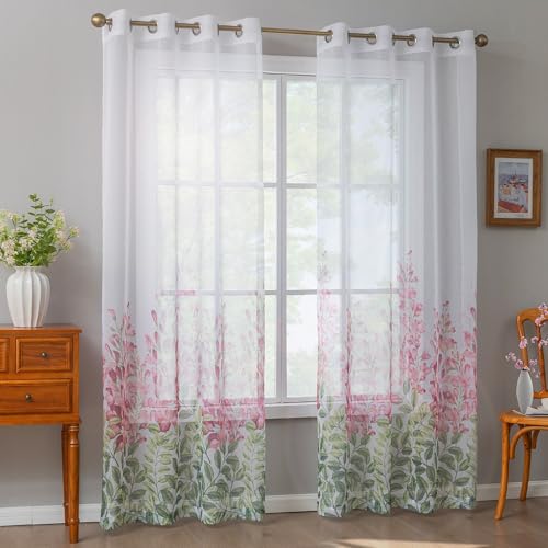 TOAVA DECO Sheer Curtains Pink Floral With Tie Backs Grommet Easy to Hang for Girls Bedroom Window Light Filtering Semi Drapes 84 Inch Length 2 Panels Set Flower Leaf Curtain Dining Living Room Nursey 52w x 84l - Image 3