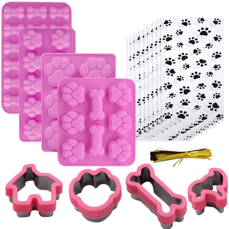 Shxmlf Shxmlf Dog Baking Supplies  Silicone Molds Stainless Steel Puppy Paw Bone House Cookie Cutters with 100 Pieces Dog Treat Bags for Homemade Chocolate Candy Jelly Ice Cube Doggie Treats 