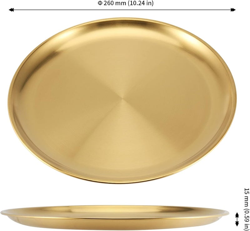 JOIKIT 4 Pack 10 Inch Gold Stainless Steel Plate Round Metal Dinner Plates Kitchenware Dinner Dishes Serving Tray Large Camping Plates for BBQ Snack Food Serving Dishwasher Safe - Image 2