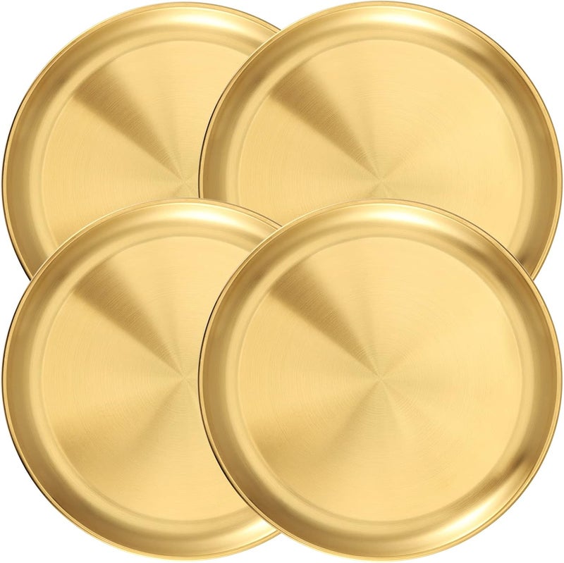 JOIKIT 4 Pack 10 Inch Gold Stainless Steel Plate Round Metal Dinner Plates Kitchenware Dinner Dishes Serving Tray Large Camping Plates for BBQ Snack Food Serving Dishwasher Safe - Image 1
