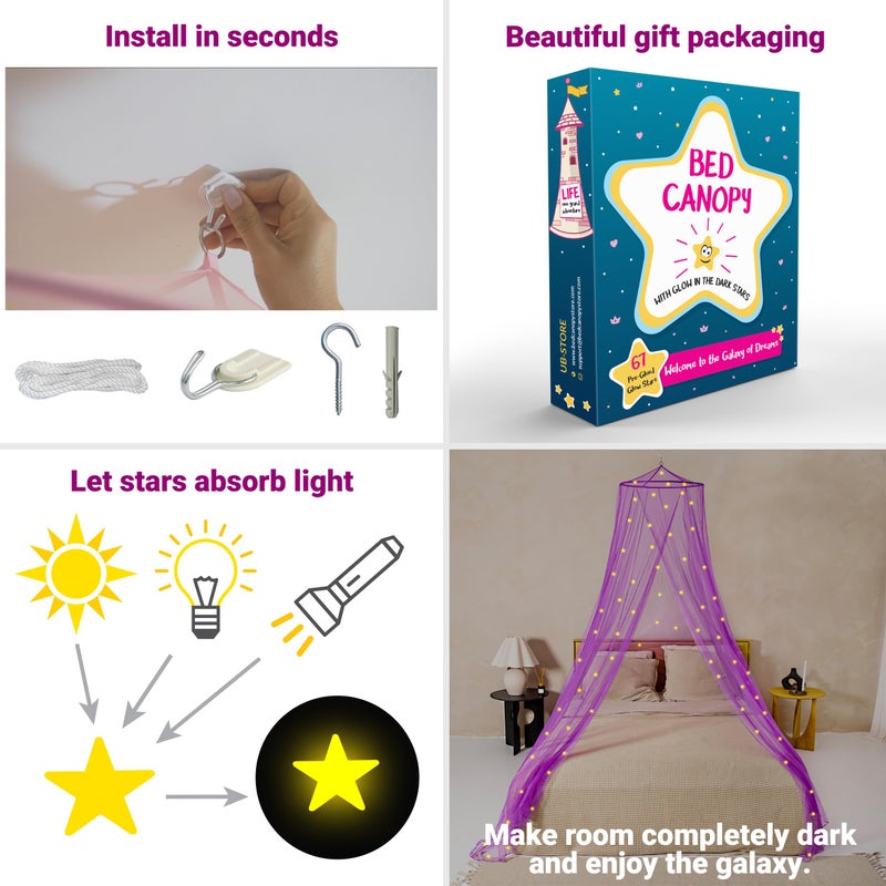 UB-STORE Purple Canopy For Girls Bed With Pre-Glued Glow In The Dark Stars - Princess Mosquito Net Room Decor - Kids & Baby Bedroom Tent With Galaxy Lights - 1 Opening Canopy Bed & Hanging Kit Included - Image 4