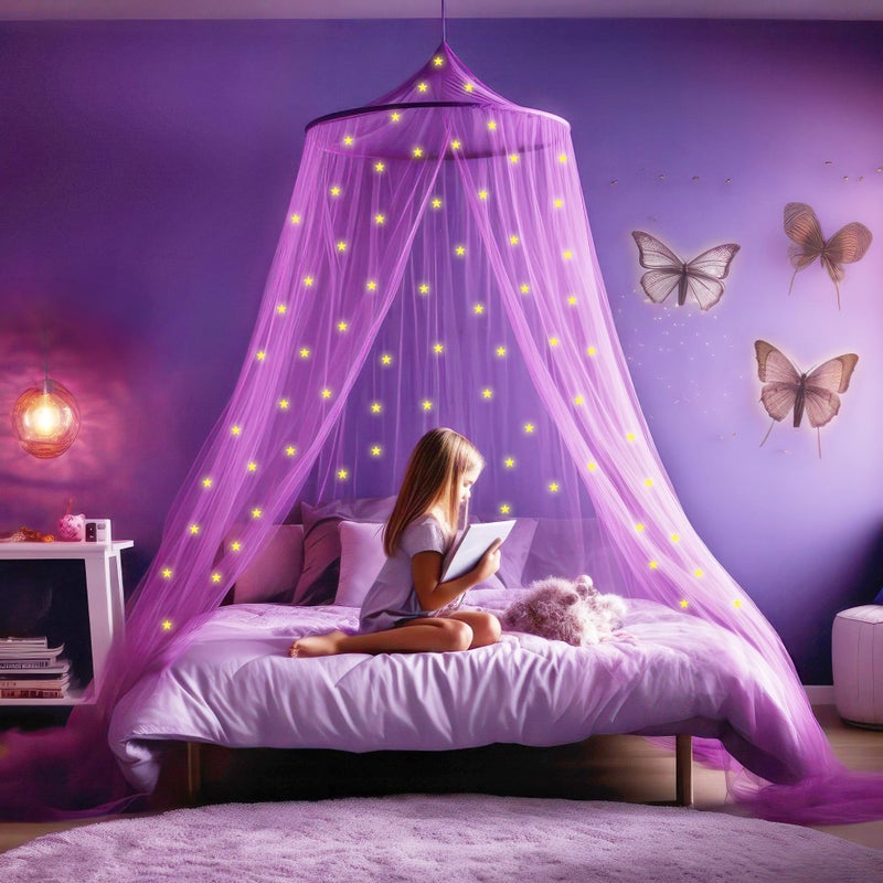 UB-STORE Purple Canopy For Girls Bed With Pre-Glued Glow In The Dark Stars - Princess Mosquito Net Room Decor - Kids & Baby Bedroom Tent With Galaxy Lights - 1 Opening Canopy Bed & Hanging Kit Included - Image 1
