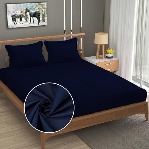 FRESH FROM LOOM Plain Double Bedsheet King Size-Microfiber Rotary Printed, Hypoallergenic, Wrinkle Free With 2 Pillow Covers 144 TC (90 X95 Inches|Navy Blue, Plain) - Image 1