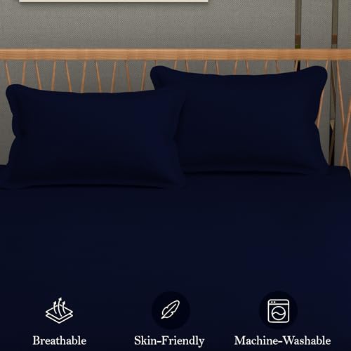 FRESH FROM LOOM Plain Double Bedsheet King Size-Microfiber Rotary Printed, Hypoallergenic, Wrinkle Free With 2 Pillow Covers 144 TC (90 X95 Inches|Navy Blue, Plain) - Image 2