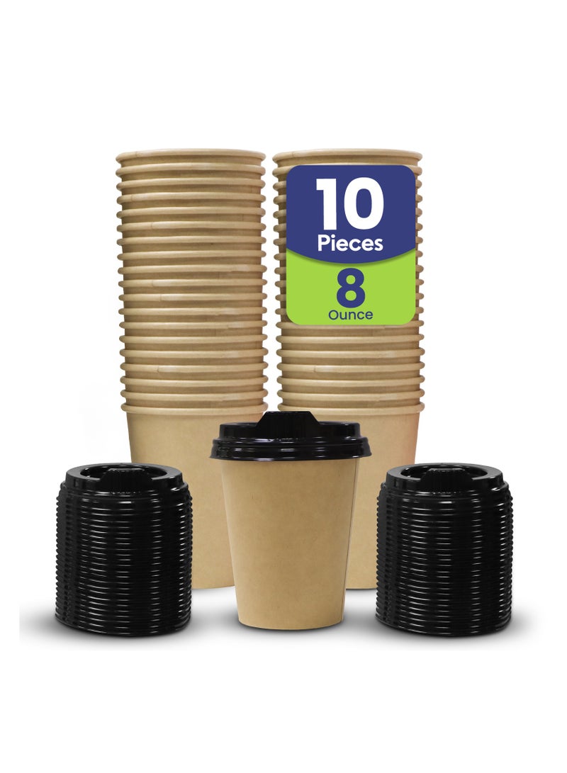 إس إن إتش باكينج SNH Packing أكواب قهوة ورقية للاستعمال الواحد بسعة 8 أونصات (عبوة من 10) بغطاء بني - أكواب ورقية متينة بجدار واحد مع غطاء للمشروبات الباردة والساخنة - مثالية للمقاهي والمكاتب. قم بزيارة متجر SNH Packing. - Image 1