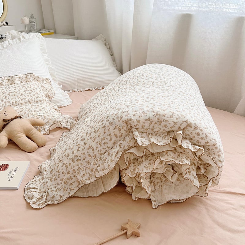 AOJIM Floral Print Kids Duvet Cover with Ruffled Design, 1 Piece Muslin Cotton Toddler Comforter Cover 2-Layer Gauze 47X59'', Camellia Pattern Kids Bedding for Girls Boys, Easy Care & Skin-Friendly - Image 5