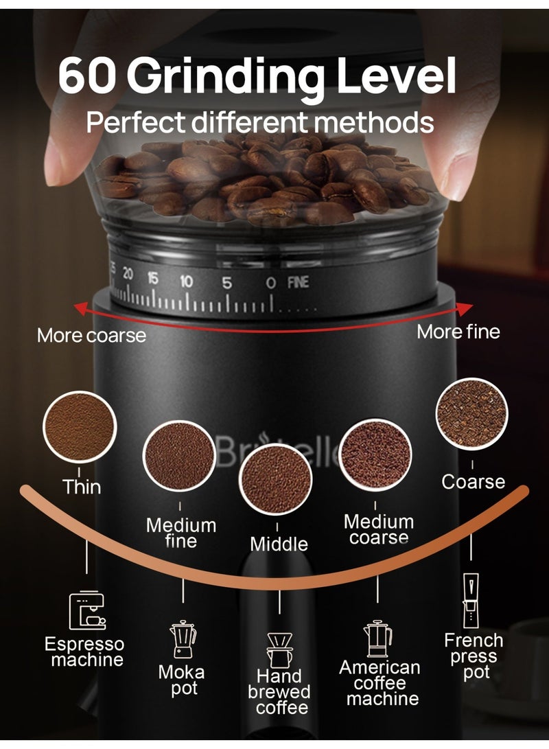 Brutelle Coffee Grinder Conical Burr Coffee Bean Grinder with 60 Adjustable Settings for V60 and 6-8 Cups for Home Office Coffee Corner - Image 5