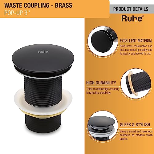 Ruhe® Waste Coupling | Brass Pop Up Waste Coupling with Smooth Push Button | (3 Inches) | Black Copper | Pack of 2 - Image 4
