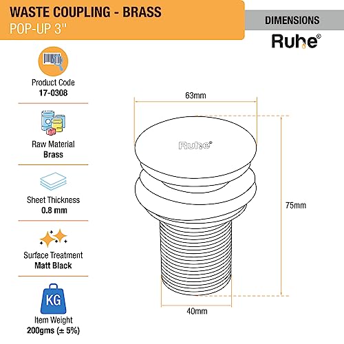 Ruhe® Waste Coupling | Brass Pop Up Waste Coupling with Smooth Push Button | (3 Inches) | Black Copper | Pack of 2 - Image 2