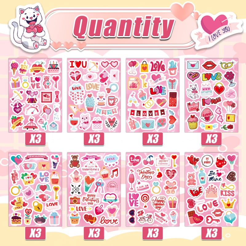 Cosomia 24 Sheets Valentine Stickers For Kids - 8 Diverse Valentines Love Stickers Designs - Valentine'S Day Party Favors Crafts Gifts & Decorations Activities Supplies - Image 2