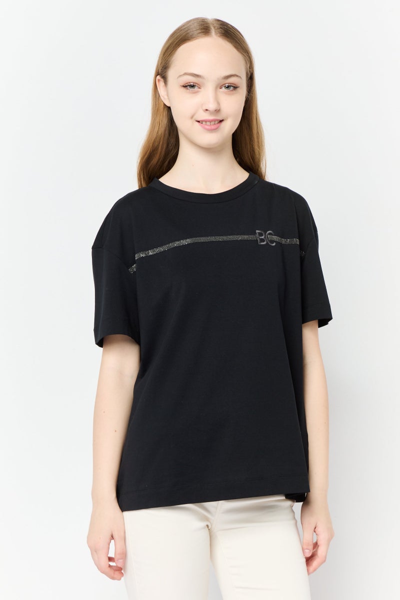 Brunello Cucinelli Women Crew Neck Short Sleeve Brand Logo T-shirt, Black  - Image 1