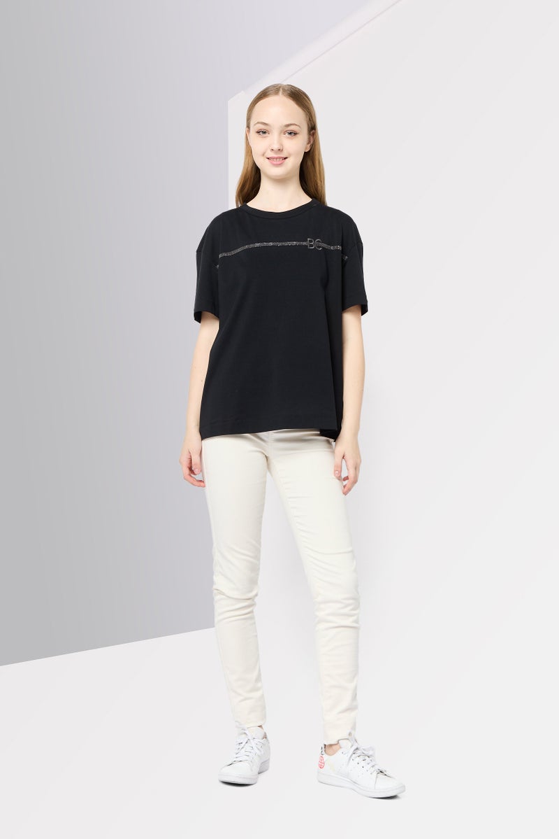 Brunello Cucinelli Women Crew Neck Short Sleeve Brand Logo T-shirt, Black  - Image 4