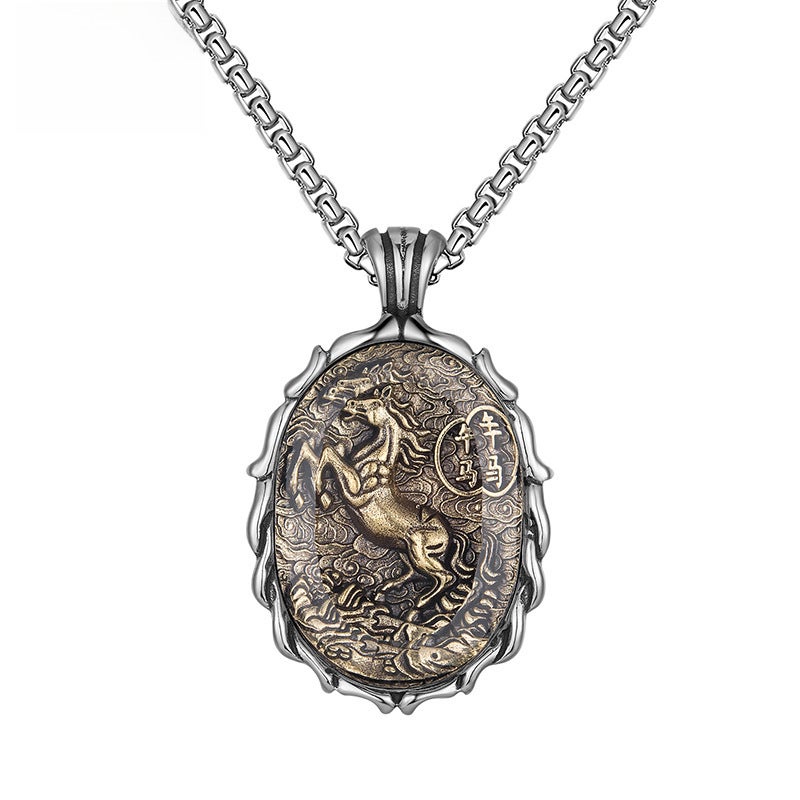 Generic Titanium Zodiac Buddha Pendant Necklace Horse Necklace 
