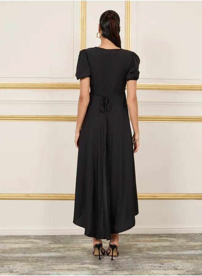 Styli Solid Puff Sleeves Asymmetric Hem Wrap Midi Dress