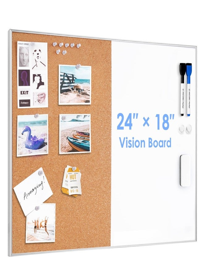 ARCOBIS Cork Board White Board Combo, 24 x 18 Inch Bulletin Board, Magnetic Dry Erase Board & Corkboard for Wall, Vision Board for Home, Office, School, Silver Frame - Image 1