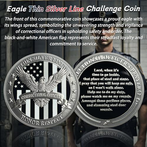IELCJJ Eagle Thin Silver Line Challenge Coin - Correctional Officer Prison Police Thin Gray Line Token Medallions - Thank You Law Enforcement Corrections Officer Gifts - Honor US Correctional Officers - Image 2
