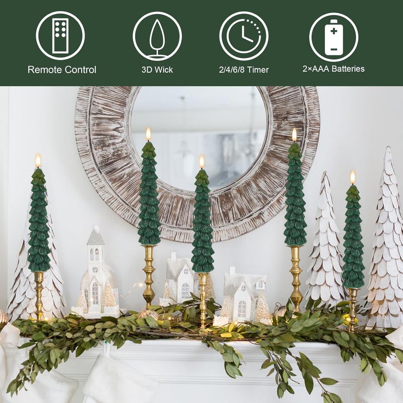 DRomance Christmas Tree Flameless Taper Candles Battery Operated with 10-Key Remote and Timer Real Wax LED Taper Candles 3D Wick Flickering Lifelike Leaves Dinner Xmas Holiday Decoration Set of 4 - Image 3