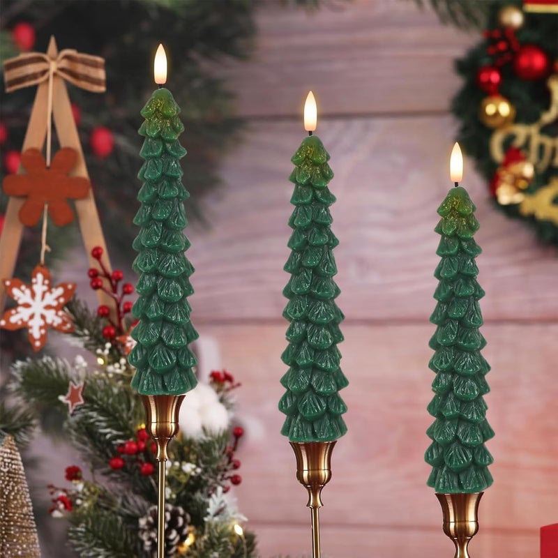 DRomance Christmas Tree Flameless Taper Candles Battery Operated with 10-Key Remote and Timer Real Wax LED Taper Candles 3D Wick Flickering Lifelike Leaves Dinner Xmas Holiday Decoration Set of 4 - Image 4