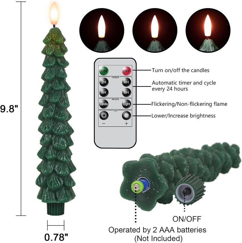 DRomance Christmas Tree Flameless Taper Candles Battery Operated with 10-Key Remote and Timer Real Wax LED Taper Candles 3D Wick Flickering Lifelike Leaves Dinner Xmas Holiday Decoration Set of 4 - Image 2