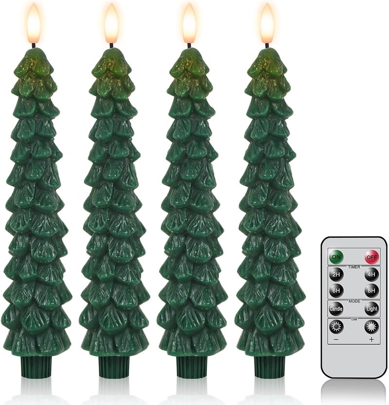DRomance Christmas Tree Flameless Taper Candles Battery Operated with 10-Key Remote and Timer Real Wax LED Taper Candles 3D Wick Flickering Lifelike Leaves Dinner Xmas Holiday Decoration Set of 4 - Image 1