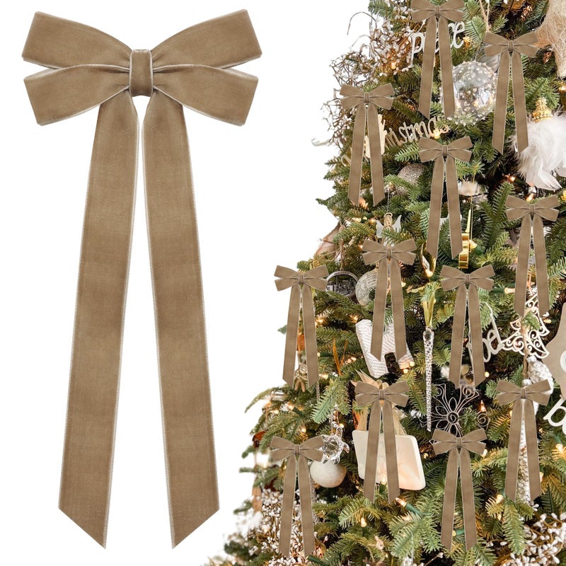 Hongsome 12Pcs Neutral Velvet Ribbon Bows Christmas Tree Decorations 5In X 10In Vintage Xmas Ornaments For Tree Home Party Front Door Wreath Garland Holiday Decor - Image 1
