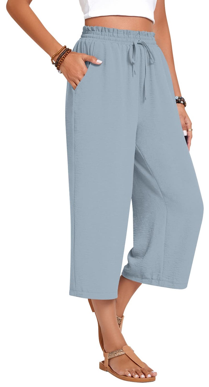 Anyhold Womens Capri Pants Loose High Waisted Wide Leg Lounge Pants Drawstring Casual Palazzo Trousers with Pockets Large, Denim Blue - Image 2