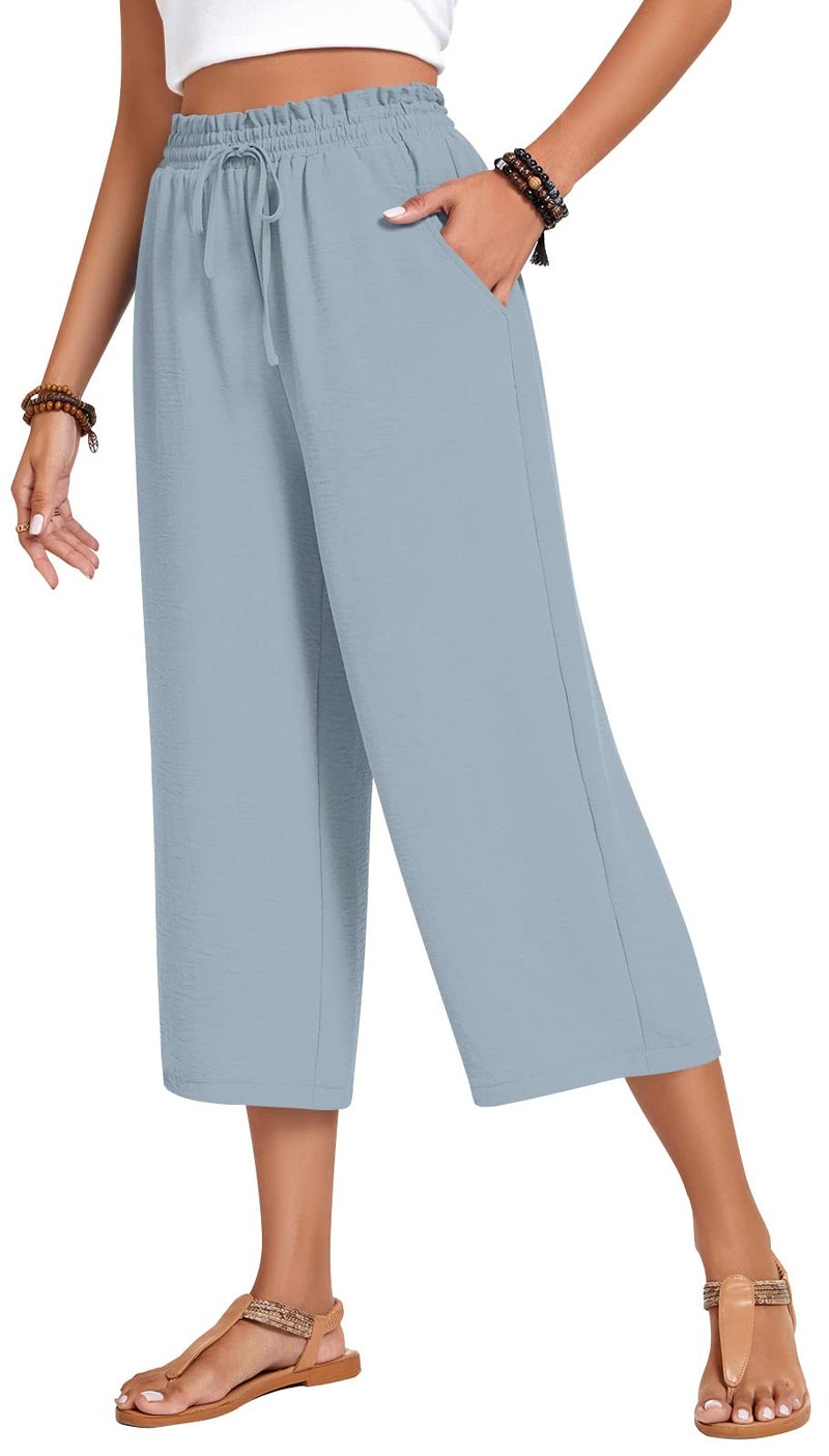 Anyhold Womens Capri Pants Loose High Waisted Wide Leg Lounge Pants Drawstring Casual Palazzo Trousers with Pockets Large, Denim Blue - Image 1