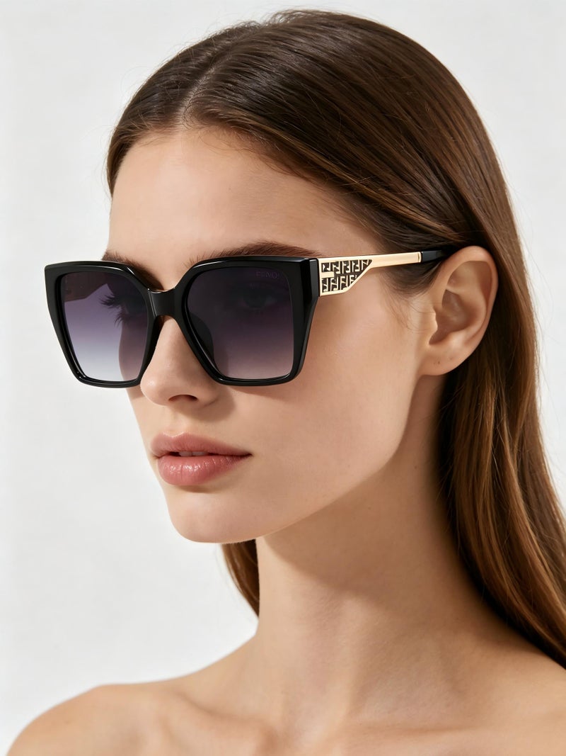 Fendi Roma Women's Black Square Sunglasses,Grey Gradient Lenses with Gold FF Logo Temples - Image 5