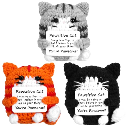 VercanMonth 3 Pcs Positive Cat Crochet Gifts Mini Emotional Cheer up Support Animals Cats Bulk Handmade Motivational Animals Birthday Gifts for Employee Social Worker Volunteer Friends Mothers Day - Image 1